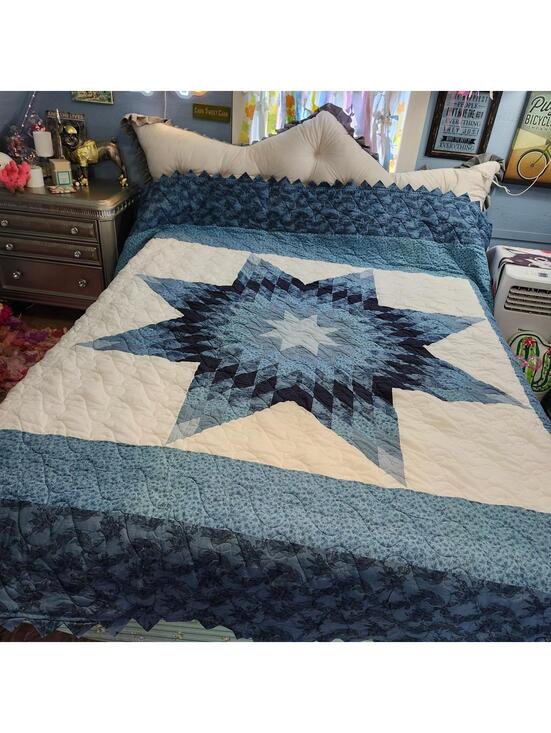 Other - Handmade Blue Lone Star Quilt 104x88 Queen Heirloom Starburst